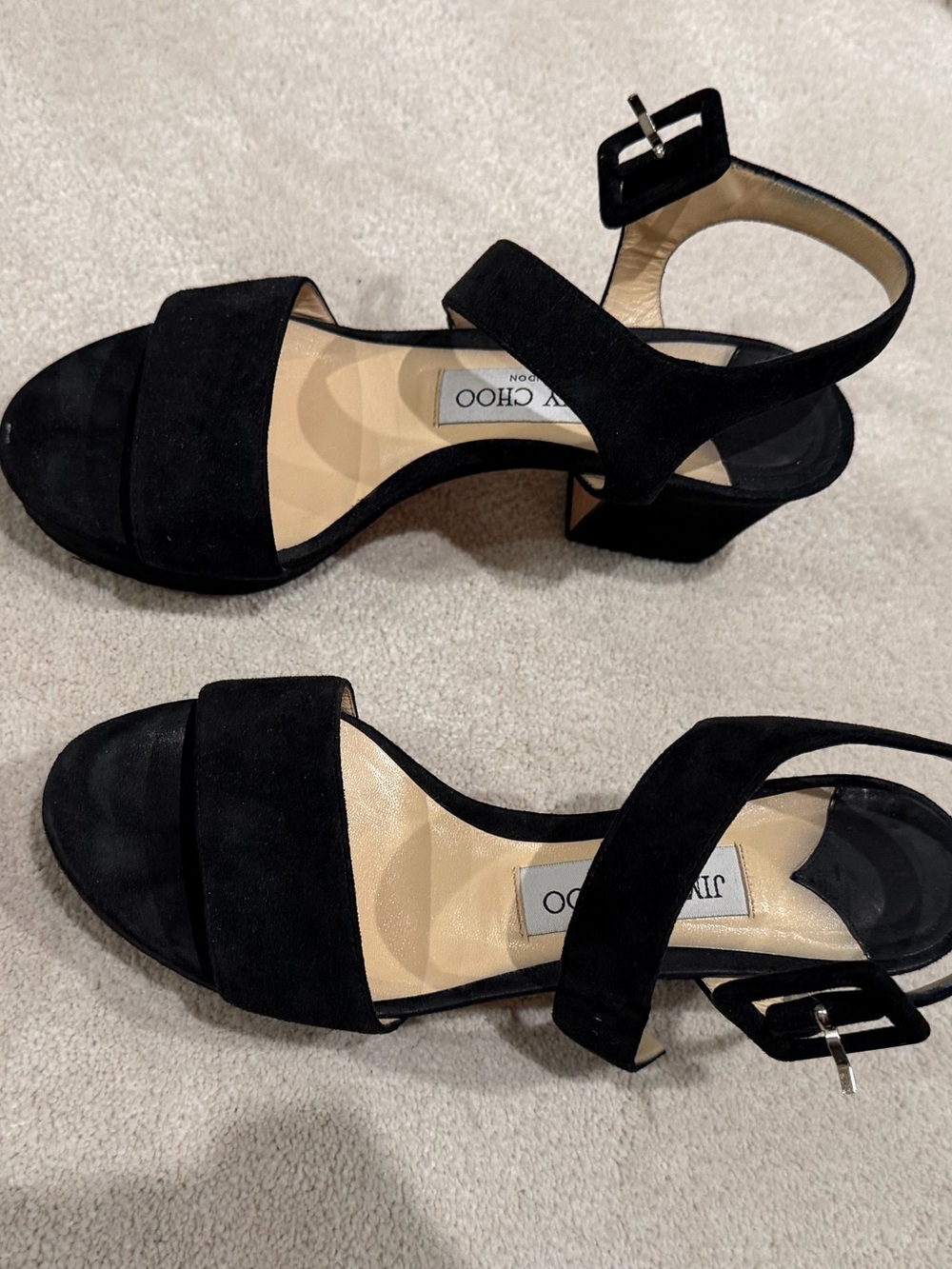 Jimmy Choo Black Suede Ankle-Strap Block Heel Sandals